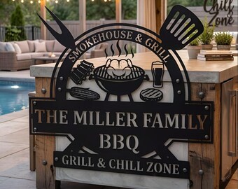 Personalized BBQ Metal Sign, Custom Family Name Grill Decor, Outdoor Kitchen Wall Art For Backyard Patio