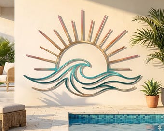 Sun and Waves Metal Wall Art, Coastal Sunset Patio Decor, Beach House Decor Sunrise Silhouette, Outdoor Decor