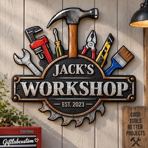 Puede incluir: Un letrero decorativo de pared con el texto JACK'S WORKSHOP EST. 2023, rodeado de ilustraciones de un martillo, llave inglesa, destornillador, alicates, cúter y brocha. El letrero tiene un centro oscuro y detalles metálicos en relieve.