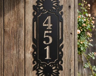 Custom Sunflower House Number Sign, Vertical Metal Address Plaque, Black Outdoor Wall Decor For Front Porch