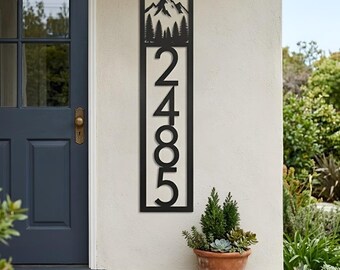 Custom Mountain House Number Sign, Vertical Metal Address Plaque With Pine Trees For Outdoor Front Porch Decor