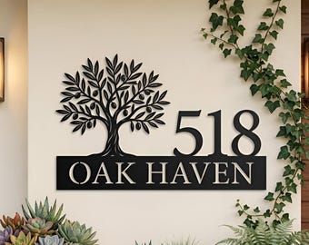 Gepersonaliseerd bord familieadres, olijftak metalen muurkunst, aangepaste huisnaam buitendecoratie