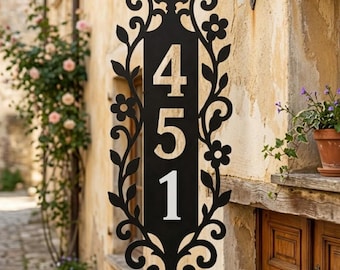 Custom Metal House Number Plaque, Hanging Address Sign With Flower Vine Detail For Farmhouse Exterior Decor