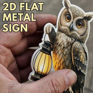 May include: A 2D flat metal sign featuring a detailed illustration of an owl holding a lantern. The owl has brown and white feathers, with large yellow eyes. The lantern has a warm, glowing light. The text "2D FLAT METAL SIGN" is at the top.
