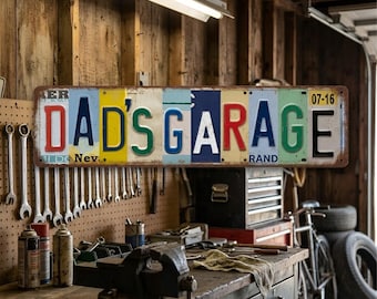 Custom Dad Garage Sign, Vintage License Plate Wall Art, Personalized Metal Man Cave Decor, Father's Day Gift