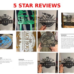 May include: A collection of metal signs with various designs, including a garage, a shed, a lake scene, and a dog. The signs feature text such as "Papa's Garage" and "Dad's Shed", and are displayed with customer reviews.