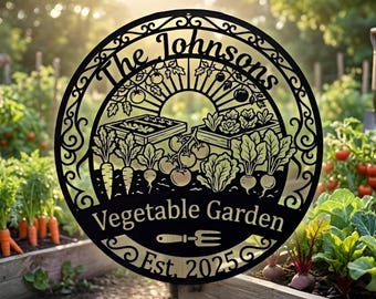 Personalized Garden Sign, Custom Family Vegetable Garden Metal Art With Raised Beds, Carrots And Tomatoes