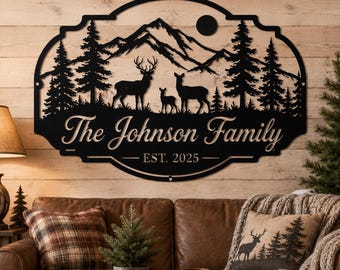 Custom Deer Family Metal Sign, Rustic Mountain Cabin Wall Art With Established Year For Lodge Or Home