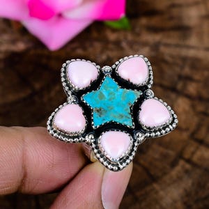 925 Sterling Silver Turquoise Pink Conch Star Ring: Handmade Textured Band Ring, Southwestern Jewelry