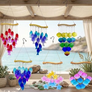 Stained Glass Sun Catcher Wind Chime, Hand-Painted Glass Coastal Suncatcher, Hanging Windchimes for Home Decor, Garden, Patio, Porch