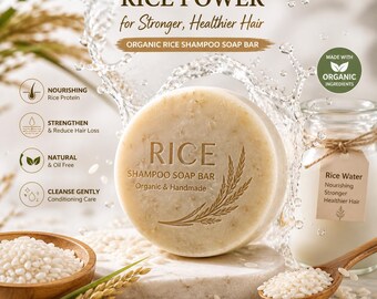 Shampoo solido biologico al riso, con proteine dell'acqua di riso, per la crescita dei capelli e balsamo solido naturale.