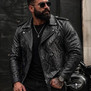 Python Luxury Biker Leather Jacket Men , Casual Snakeskin Coat