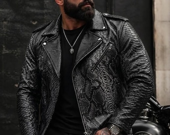 Python luxe biker leren jack heren, casual slangenleerjas