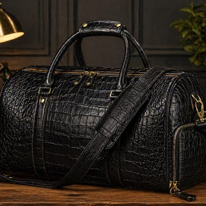 May include: Black leather duffel bag with a crocodile skin texture. The bag has a top handle, a shoulder strap, and a side pocket with a zip. The hardware is gold-coloured. The bag is on a wooden surface.