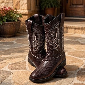 May include: A pair of dark brown cowboy boots featuring a textured snakeskin-like pattern on the leather. The boots have a pointed toe, a stacked heel, and intricate white embroidery detailing on the shaft, with pull tabs at the top edges.