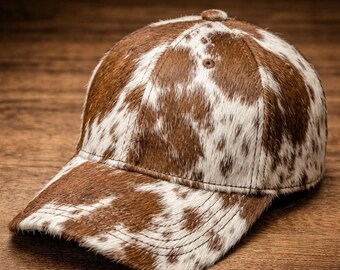 Handcrafted Cowhide Leather Baseball Cap, Brown White Cow Hair on Adjustable Caps