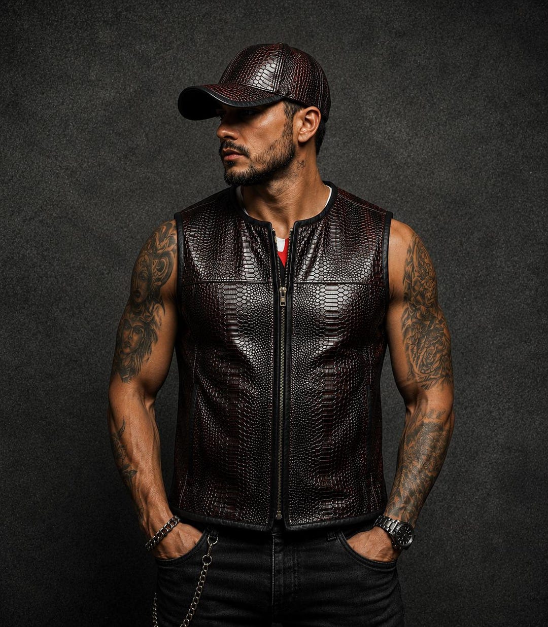 Python Gendron Vest Men’s Python Leather Vest and Matching Cap Set, Burgundy Black Exotic ...