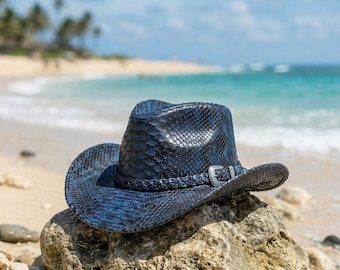 Leren cowboyhoed met pythonpatroon voor heren Handgemaakte westernhoed Exotische textuur