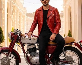 Rode echte schapenvachtleren bikerjas heren, slim-fit jas in racerstijl
