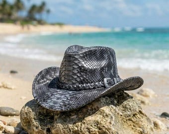 Leren cowboyhoed met pythonpatroon voor heren Handgemaakte westernhoed Exotische textuur