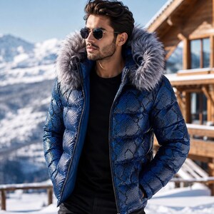 Men’s Blue Python Print Leather Puffer Jacket with Faux Fur Hood, Luxury Winter Coat