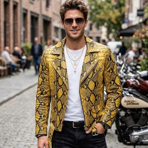 Men’s Yellow Snakeskin Print Biker Jacket – Python Pattern Fashion Outerwear