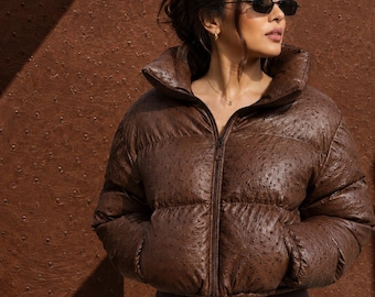 Struisvogelleer pufferjack voor dames, luxe streetwear jas