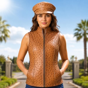 Women Ostrich Leather Vest Handmade Genuine Leather Waistcoat Luxury Designer Outerwear Set