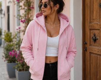 Sudadera con capucha de cuero rosa claro para mujer / Chaqueta con capucha y cremallera hecha a mano /