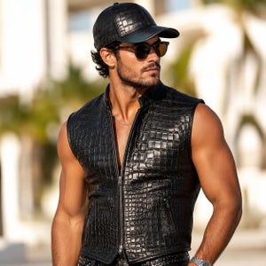 Men’s Black Croc-Embossed Leather Vest & Matching Baseball Cap Make handmade set