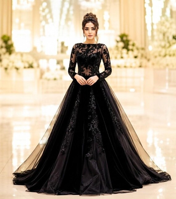 black flowy formal dress Wedding Gown for Women Party Wear Long | Maxi Evening Dress Black lace prom