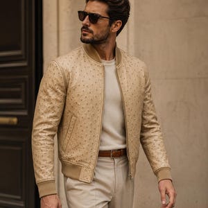 Giacca da uomo in pelle di struzzo fatta a mano, capospalla esotico di lusso