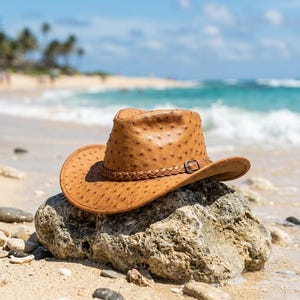 May include: A tan cowboy hat with a textured, dotted surface pattern resembling ostrich leather. The hat features a braided leather band around the crown, secured with a small metal buckle, and has a wide, curved brim that tapers at the sides.