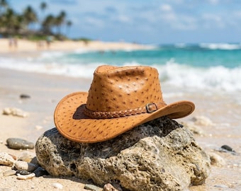 Handgemaakte zwarte leren hoed met struisvogelreliëf, boho-westerncowboy, echt leer, cadeau-voor hem