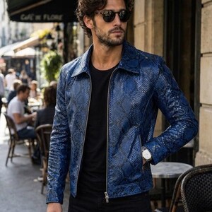 Handmade Blue Snakeskin Moto Jacket - Men’s Luxury Streetwear