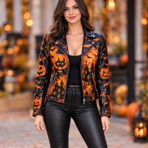 Halloween Printed Leather Jacket for Women, Black Orange Pumpkin Biker Jacket