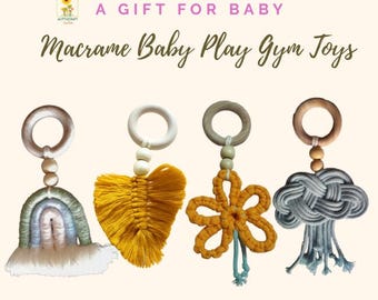 Macrame Baby Gym Toys: Natural Wood, rainbow, leaf, flower, cloud
