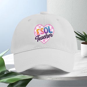 ESOL Teacher Pink Checkered Heart-Patterned Gradient Letter Unisex Casual English-Print Baseball Cap