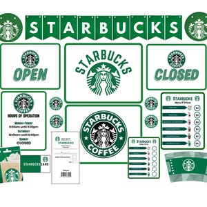以下が含まれることがあります： スターバックスをテーマにした印刷可能な紙製デコレーションのセット。バナー、OPENとCLOSEDの看板、価格表付きメニュー、注文書、レシート、ギフトカード、カップスリーブが含まれており、すべて緑と白のセイレーンロゴがデザインされています。