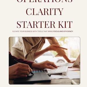 May include: A digital graphic featuring the text OPERATIONS CLARITY STARTER KIT and ELEVATE YOUR BUSINESS WITH TOOLS THAT BRING FOCUS AND EFFICIENCY. Below, a photo shows a laptop, keyboard, and tablet on a desk. The KJ CONSULTING logo is at the bottom.