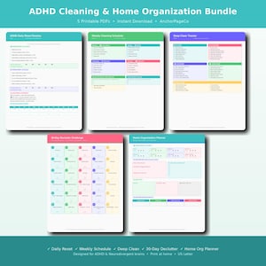 Puede incluir: Un paquete de cinco PDF imprimibles para la organización del hogar y la limpieza para personas con TDAH. Incluye una rutina diaria, un programa de limpieza semanal, un rastreador de limpieza profunda y un planificador.