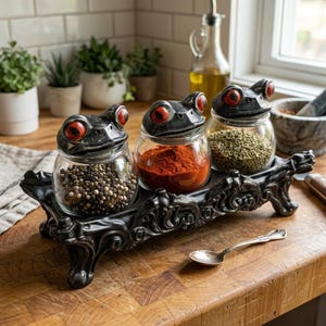 May include: A set of three glass spice jars with frog-shaped lids, filled with black peppercorns, red paprika, and green herbs. The jars sit on a decorative black metal tray with ornate detailing. A small spoon rests on the wooden surface.