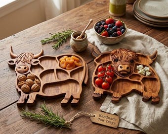 Tabla de madera para embutidos con forma de vaca de las Tierras Altas, bandeja para servir queso y carne, decoración de cocina rústica, idea de regalo única para inauguración de casa.