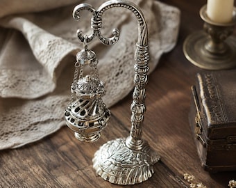 Vintage Silver Hanging Censer Incense Burner, Miniature Gothic Thurible with Stand, Antique Aesthetic Room Decor, Witchy Spiritual Gift