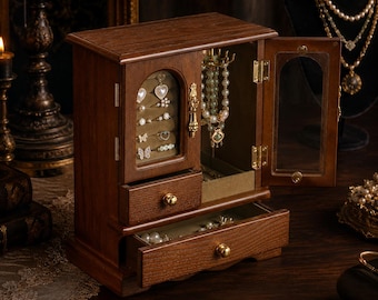 Premium Vintage Wooden Jewelry Box with Necklace Carousel & Glass Doors, Antique Ring Organizer Chest, Dark Academia Decor, Gift for Her