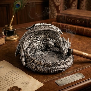 Drakaskfat Gotisk Heminredning, Mytisk Hartsdrakefigur Röktillbehör, Fantasy Gåva till Honom, Silver & Guld Drakeskålsprydnad