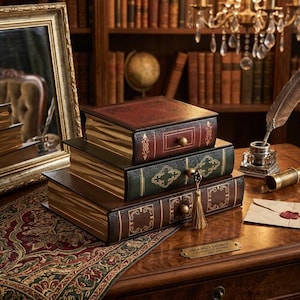 Vintage Book Stack Jewelry Box, Antique Faux Leather Drawer Organizer, Secret Book Box Storage, Retro Desktop Decor, Gifts for Book Lovers