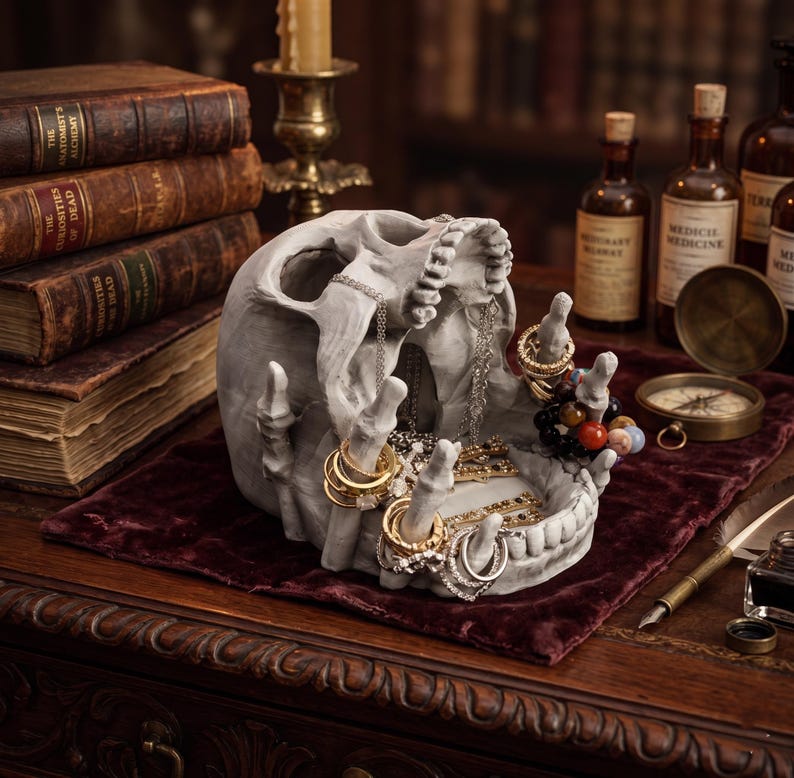 May include: A grey skull-shaped jewellery holder, its open mouth and outstretched hands holding rings and necklaces. It rests on a burgundy velvet surface, with antique books and bottles in the background.