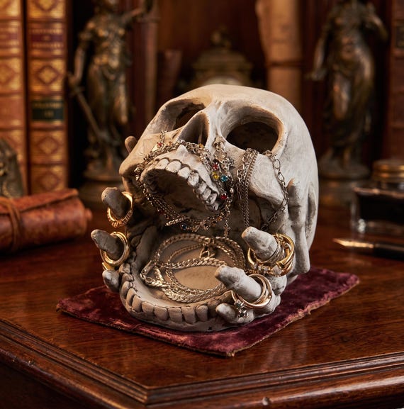 Gothic Skull Jewelry Holder, Macabre Resin Desk Organizer for Rings & Trinkets, Dark Academia Room Decor, Skeleton Hand Bowl,