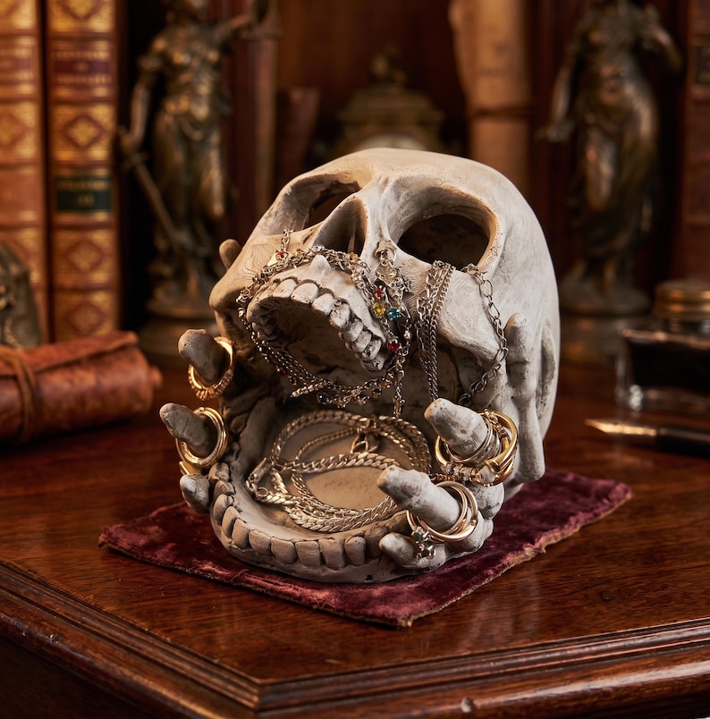 Gothic Skull Jewelry Holder, Macabre Resin Desk Organizer for Rings & Trinkets, Dark Academia Room Decor, Skeleton Hand Bowl, image 1